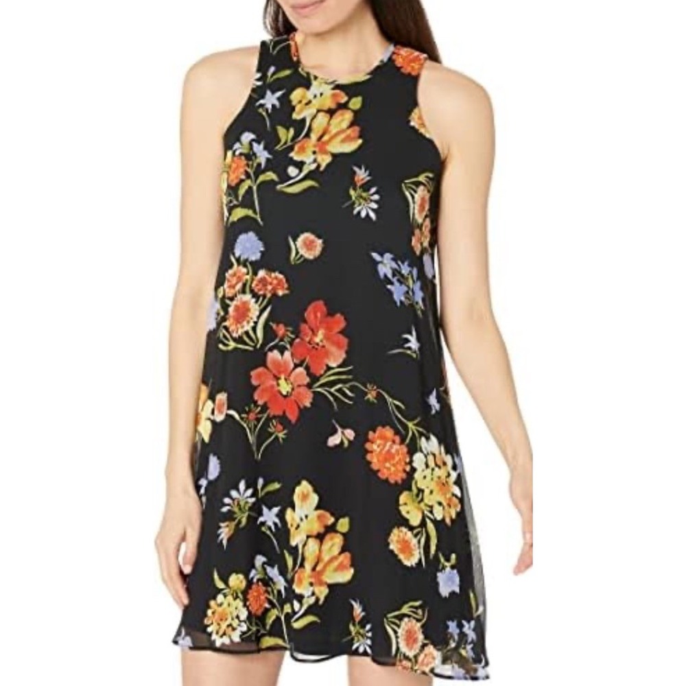 NWT Calvin Klein FLOWY  Chiffon‎ BLACK Floral sleeveless Shift Dress Size 8